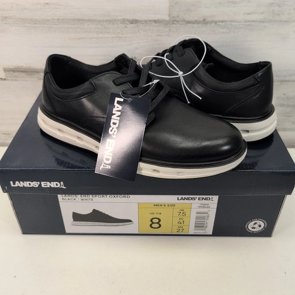 Lands End Sport‎ Oxford Shoes Mens 8 Black White Comfort Cushioned NIB New